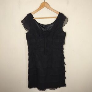 Tahari ASL Black Silk Chiffon Dress Tiered Layered Cocktail Party